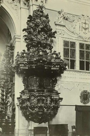 Kanzel : Kanzel. Holz, geschnitzt (1719; F. Dollinger). Mariaschein (heute Krupka-Bohosudov / Tschechien), Wallfahrtskirche Mariaschein