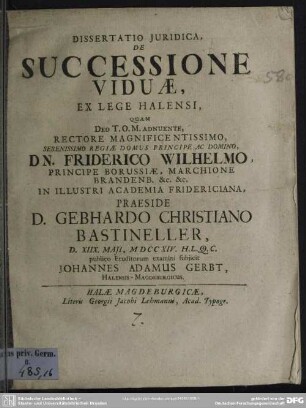 Dissertatio Iuridica, De Successione Viduae, Ex Lege Halensi