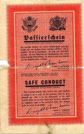 Anglo-amerikanisches Abwurf-Flugblatt mit Passierschein (Safe conduct) und den Grundsätzen des Kriegsgefangenenrechts