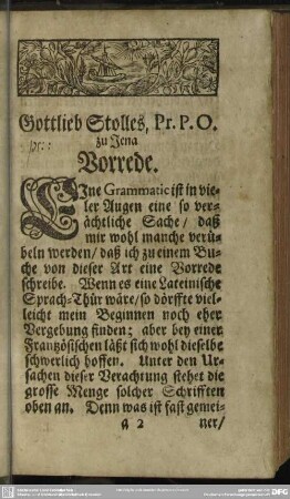 Gottlieb Stolles, Pr. P. O. zu Jena Vorrede