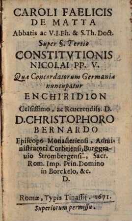 Super § tertio Constitutionis Nicolai V ... Enchiridion