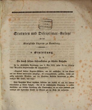 Statuten und Disciplinar-Gesetze für das königliche Lyzeum zu Bamberg
