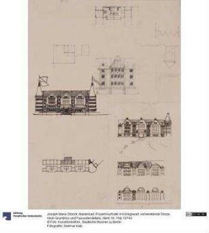 Marienbad, Projekt Kurhotel in Königswart, vorbereitende Skizze, neun Grundriss und Fassadendetails