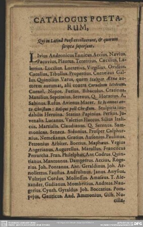 Catalogus Poetarum, Qui in Latina Poesi excellerunt, & quorum scripta supersunt