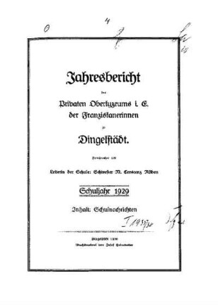 1929/30: Jahresbericht des Privaten Oberlyzeums i. E. der Franziskanerinnen zu Dingelstädt ... - 1929/30