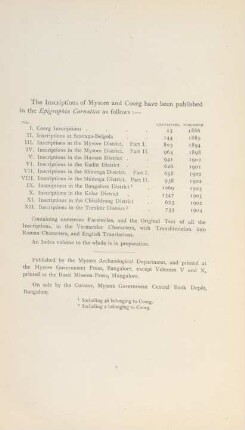 The Inscription of Mysore and Coorg have been published in the Epigraphia Carnatica as follows