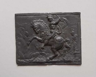 Rechteckige Plakette mit dem Opfertod des Marcus Cutius