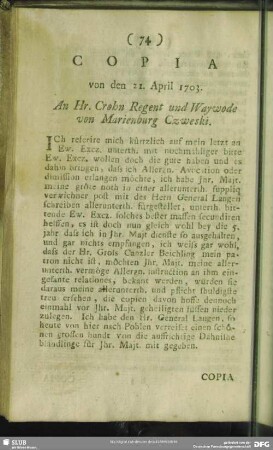 Copia von den 21. April 1703