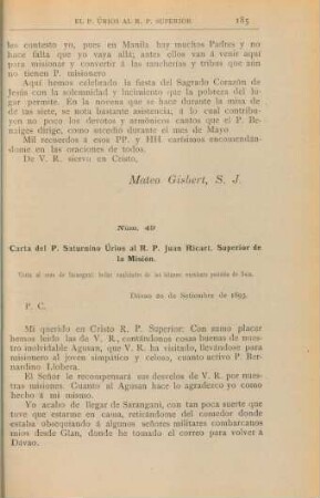 Núm. 49. Carta del P. Saturnino Úrios al R. P. Juan Ricart, Superior de la Misión