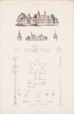 Holzkirche St. Anna, Rosenberg: Grundriss, Perspektivische Ansichten, Schnitt AB, Schnitt CD, Details (aus: Atlas zur Zeitschrift für Bauwesen, hrsg. v. G. Erbkam, Jg. 6, 1856)