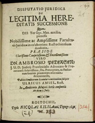 Disputatio Iuridica De Legitima Hereditatis Successione