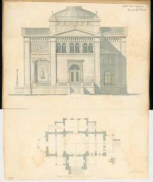 Ausstellungsgebäude Monatskonkurrenz November 1874: Grundriss, Aufriss Seitenansicht; 2 Maßstabsleisten