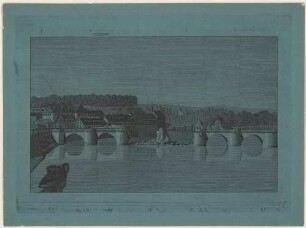 Die durch französische Truppen am 19. März 1813 gesprengte Elbbrücke (alte Augustusbrücke) in Dresden von Osten mit dem Italienischen Dörfchen