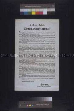 Maueranschlag: 4. Armee-Bulletin. Bericht des Armee-Oberkommandanten Haynau über die militärischen Aktionen der Donau-Haupt-Armee; Hauptquartier Babolna, 3. Juli 1849