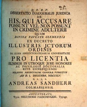 Diss. inaug. iur. de his, qui accusare possunt vel non possunt in crimine adulterii