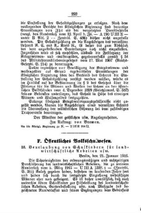 Beurlaubung von Schulkinder für landwirtschaftliche Arbeiten usw : [F. Öffentliches Volksschulwesen]