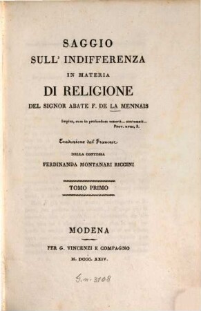 Saggio sull'indifferenza in materia di religione, 1,2 (1824)