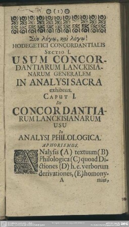 Sectio I. Usum Concordantiarum Lanckisianarum Generalem In Analysi Sacra exhibens