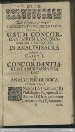 Sectio I. Usum Concordantiarum Lanckisianarum Generalem In Analysi Sacra exhibens