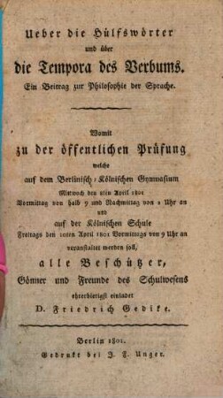 Ueber die Hülfswörter und über die Tempora des Verbums : Ein Beitrag zur Philosophie der Sprache ...