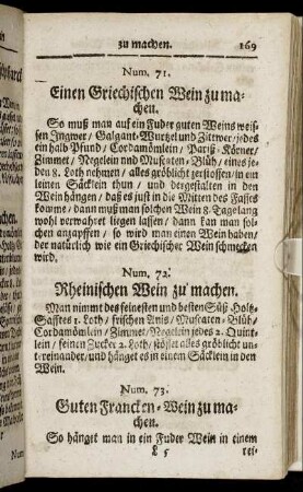 Num. 71. Einen Griechischen Wein zu machen - Num. 140. Welchen Wein nachzumachen / der an der Guetigkeit dem natuerlichen Weine nichts bevor laesset