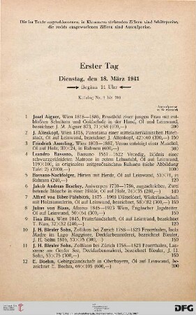 Erster Tag: Dienstag, den 18. März 1941, Beginn 14 Uhr (Nr. 1-210)