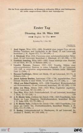 Erster Tag: Dienstag, den 18. März 1941, Beginn 14 Uhr (Nr. 1-210)
