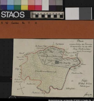 "Plan von dem Gehäge der Domäne Sondermühlen bei der alten Burg Vinkemühlen" (südwestl. von Riemsloh am Violenbach in der Bauerschaft Gerden). Burgplatz eingezeichnet. Ausf.-Art: Farbige Zeichnung Herst.: M. Müller Format: 19 x 26 cm Maßstab: 1 : 5000