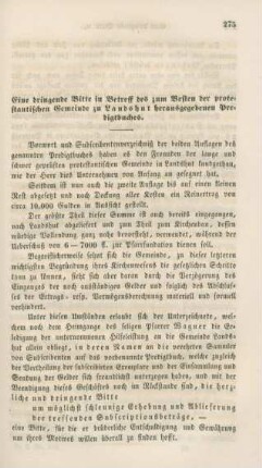 275-276 Eine dringende Bitte in Betreff des zum Besten der protestantischen Gemeinde zu Landshut herausgegebenen Predigtbuches