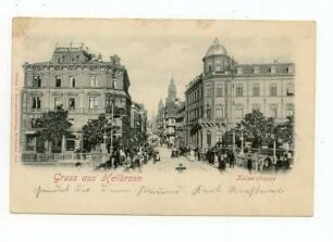 "Gruß aus Heilbronn" - Blick von der Neckarbrücke in die untere Kaiserstraße mit Hauptpost, im Hintergrund der Kiliansturm