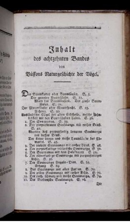 Inhalt des achtzehnten Bandes von Büffons Naturgeschichte der Vögel.
