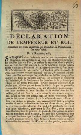 Declaration De L'Empereur Et Roi, Concernant les bruits inquietans que repandent les Perturbateurs du repos public. Du 1 Septembre 1789
