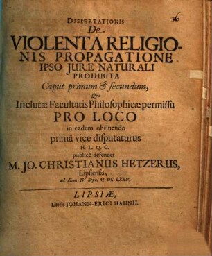 Disputationis de violenta religionis propagatione ipso iure nat. prohibita Cap. I. et II.