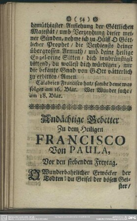 Andächtige Gebetter Zu dem Heiligen Francisco Von Paula, Vor den siebenden Freytag