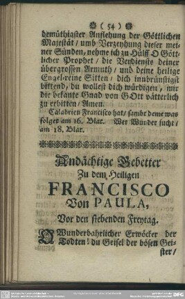 Andächtige Gebetter Zu dem Heiligen Francisco Von Paula, Vor den siebenden Freytag