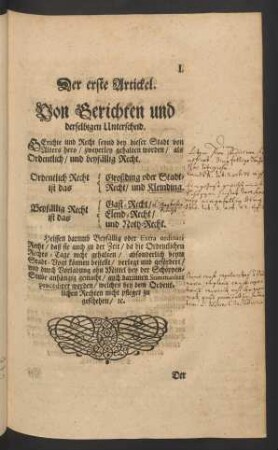 Der erste Artickel. Von Gerichten und Unterscheid.