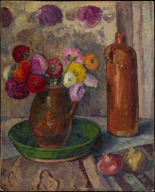 Stillleben mit bunten Blumen, Zwiebeln und Steinkrug