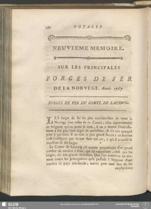 Neuvieme Memoire. Sur Les Principales Forges De Fer De La Norvege. Année 1767