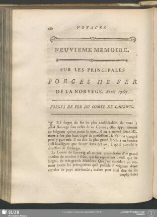 Neuvieme Memoire. Sur Les Principales Forges De Fer De La Norvege. Année 1767