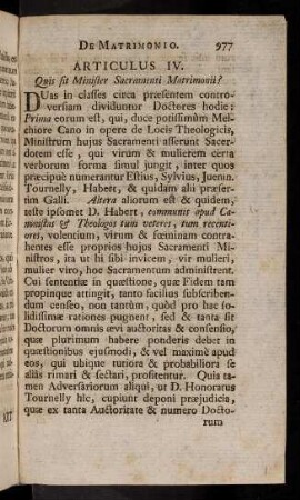 977-991, Articulus IV. Quis sit Minister Sacramenti Matrimonii?