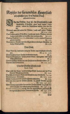 Register der fürnembsten Heuptstücke Christlicher Lere ...