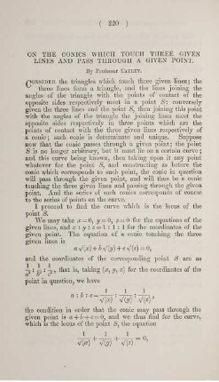 On the conics which touch three given lines and pass through a given point.