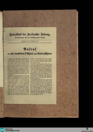 Karlsruher Zeitung, Extrablatt, Aufruf an alle inaktiven Offiziere und Unteroffiziere