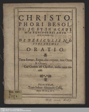Christophori Besoldi ... De Pericvulis Nostri Seculi Oratio