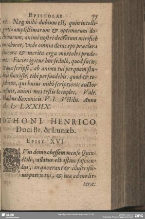 Othoni Henrico Duci Br. & Lunaeb. Epist. XVI.