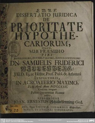 Dissertatio Iuridica De Prioritate Hypothecariorum