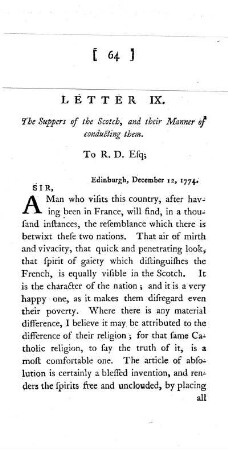 IX. The Suppers of the Scotch, and their Manner of conducting them. To the Same.