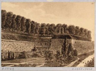 Blatt 61 aus "Dresdens Festungswerke im Jahre 1811" vor der Demolierung: Blick von der Brücke am Pirnaischen Tor nach Norden über den Stadtgraben auf die Bastion Mars (heute Rathenauplatz)