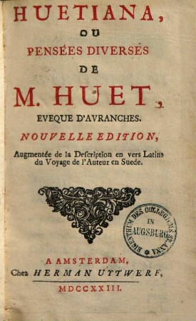 Huetiana, ou pensées diverses de M. Huet