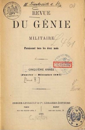Revue du génie militaire. 5 = A. 5. 1891